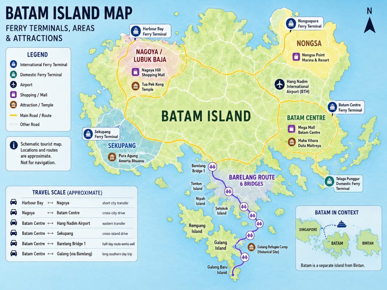 Batam Island map showing ferry terminals, Nagoya, Batam Centre, Nongsa, Sekupang, Hang Nadim Airport and the Barelang route